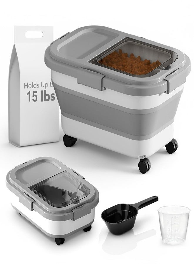 Summark 15 Lbs Dog/Cat Food Storage Container,Collapsible Food Storage Containers with Rolling Wheel Airtight Locking Lid,Pet Food Storage Container with Cup and Scoop,Grey - Image 1